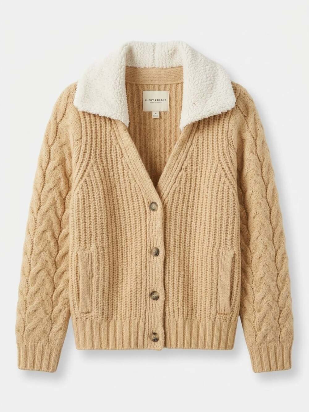 Lucky Brand Cable Knit Cardigan Size XS Sherpa Collar Tan